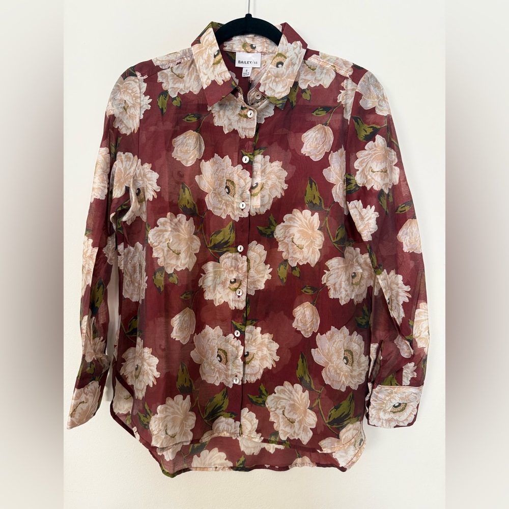 NWT Bailey 44 Sheer Button Down Flower Blouse Burgundy Cream Size Medium - Picture 3 of 10